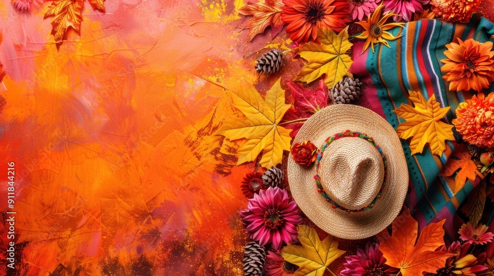 Poster Autumnal background with leaves, flowers and a straw hat.