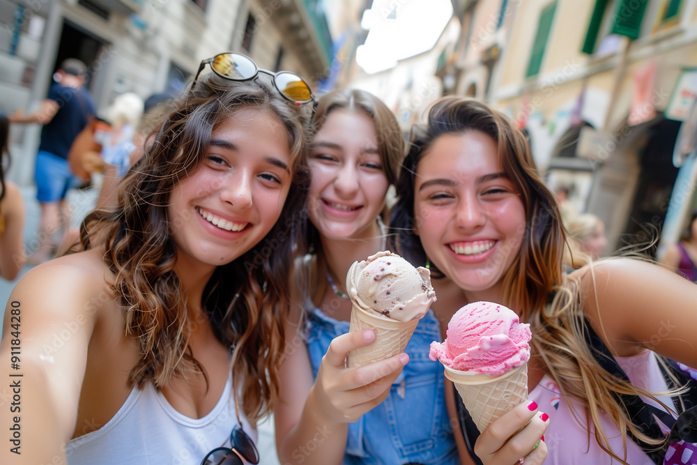 Wall mural three friends taking a picture on their trip through europe, photo with a gelato on the streets of i