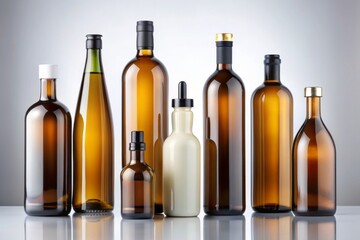 Obraz premium Sleek, modern bottles in various shapes and sizes, adorned with simple labels and caps, showcased against a clean white background, exuding minimalist elegance.