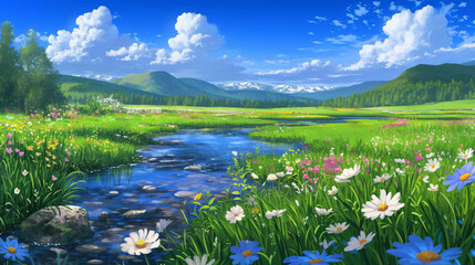 countryside with river bloom flowers nature landscape background