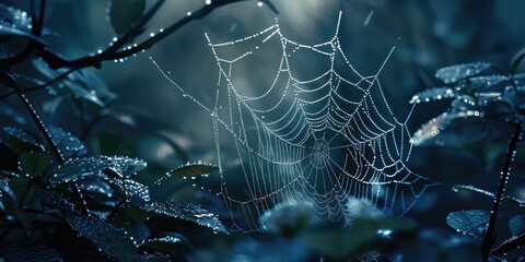 A delicate spider web adorned with shimmering dewdrops amidst dark foliage