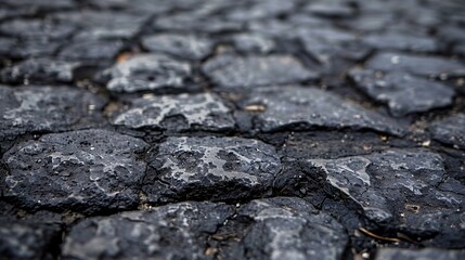 Rough cobblestone pavement texture with wet patches