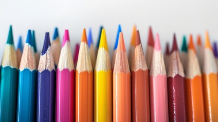 Fototapeta premium Row of colored pencils for art and craft on a white background generative ai