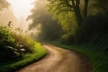 Obraz premium Green Forest Pathway Bathed in Morning Sunlight