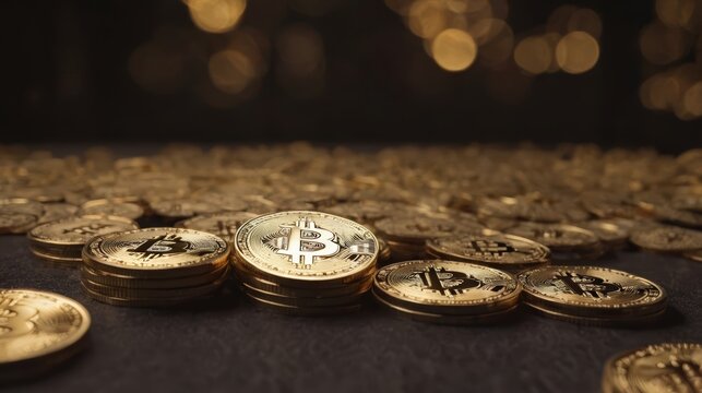 Stack of Gold Bitcoins on Table