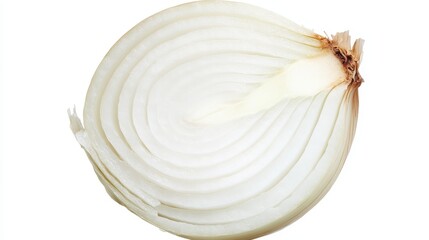 Cross-section of a white onion, displaying the intricate, translucent layers and juicy texture. Isolated perfectly on a white background