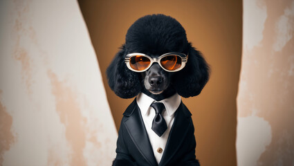 A dog wearing sunglasses and a suit with a tie.