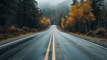 Fototapeta premium Rain-soaked mountain road surrounded by autumn trees.