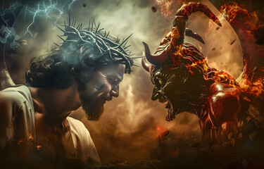 Naklejka premium Fight of good against evil, good and bad. Jesus vs Lucifer. The heaven and the hell. Duality