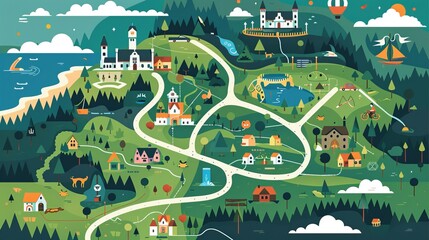 Illustrated map of scenic landscape with castle and sea