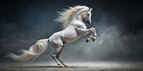 Fototapeta premium Magnificent white horse rears up on hind legs, muscles flexed, against a sleek grey background, exuding power, elegance, and freedom in a dramatic pose.