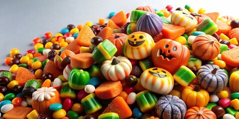 Fototapeta premium Colorful assortment of Halloween-themed candies in a festive pile , Halloween, candy, lollipops, skulls, pumpkins