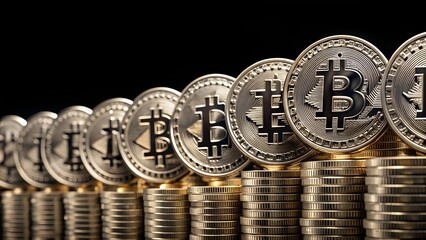 Bitcoin Coins in Descending Rows on Black Background