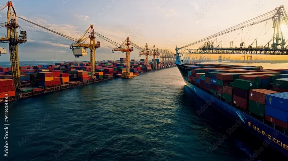 Poster unloading cargo containers at port during timelapse generative ai