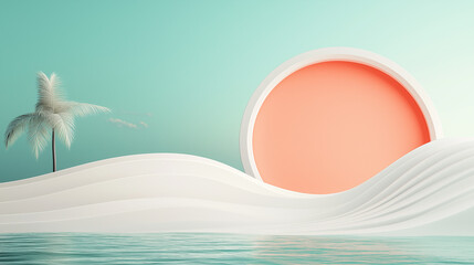 Fototapeta premium Minimalist beach scene with paper cut sun and palm tree, tropical vacation concept