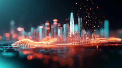 Glowing futuristic cityscape with colorful particles, digital urban night concept