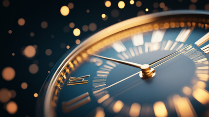 Clock face closeup at 11:55, New Year's Eve countdown with golden glow and festive lights