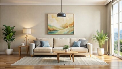 Fototapeta premium spacious living room with light sofa and painting on wall, spacious, living room, light sofa, painting, wall, cozy