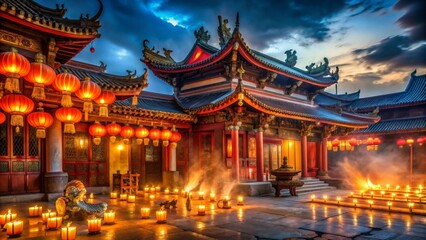 Chinese temple glowing in the nighttime with lanterns and incense burning , China, architecture, temple, night