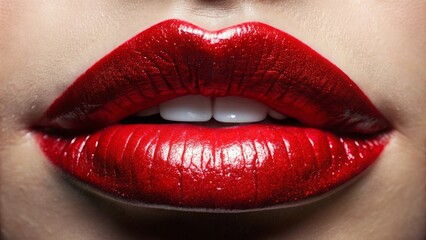 Obraz premium Close up of red shiny lips, red, shiny, lips, close up, beauty, makeup, cosmetics, sensual, seductive, glamour, glossy, shiny