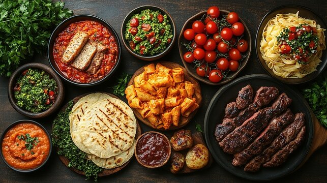 Assortment of Appetizers and Main Courses on a Wooden Table