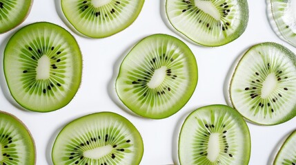 Fototapeta premium An artistic arrangement of kiwi slices, showcasing the radial pattern of seeds. The vibrant green tones stand out vividly on a clean white background