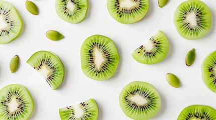 Fototapeta premium An artistic arrangement of kiwi slices, showcasing the radial pattern of seeds. The vibrant green tones stand out vividly on a clean white background