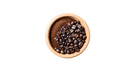 Obraz premium Roasted coffee beans with coffe powder in wooden bowl isolated on white background.