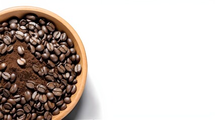 Fototapeta premium Roasted coffee beans with coffe powder in wooden bowl isolated on white background.