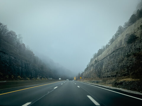 Foggy road in mountains