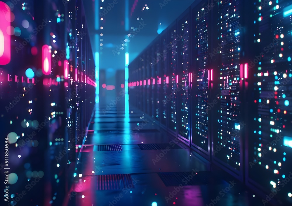 Poster high-tech server room with rows of glowing computer rack masks, representing advanced data center te