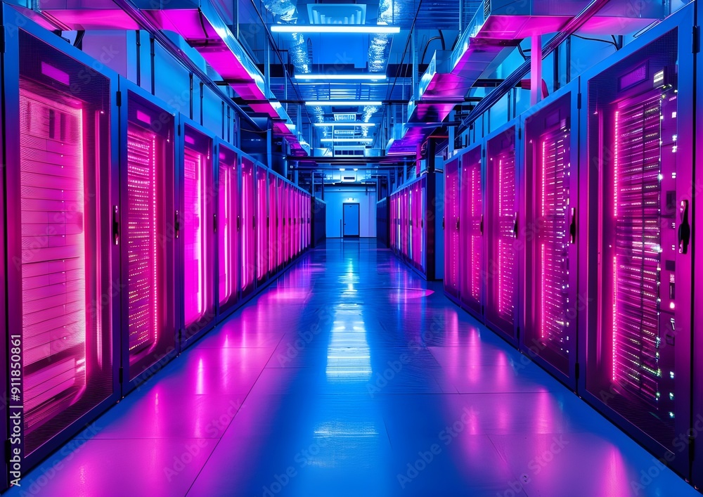 Poster high-tech data center with rows of server cabinets under blue lighting, symbolizing advanced cloud t