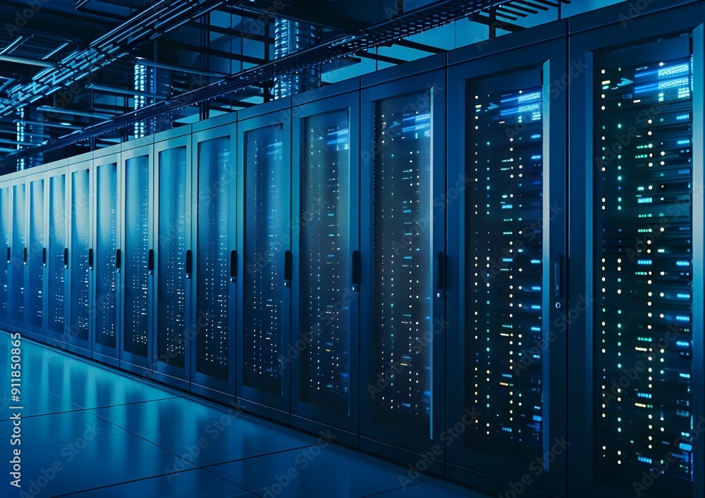 Poster high-tech data center with rows of server cabinets under blue lighting, symbolizing advanced cloud t