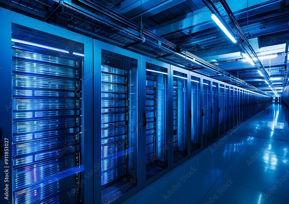 Poster high-tech data center with rows of server cabinets under blue lighting, symbolizing advanced cloud t