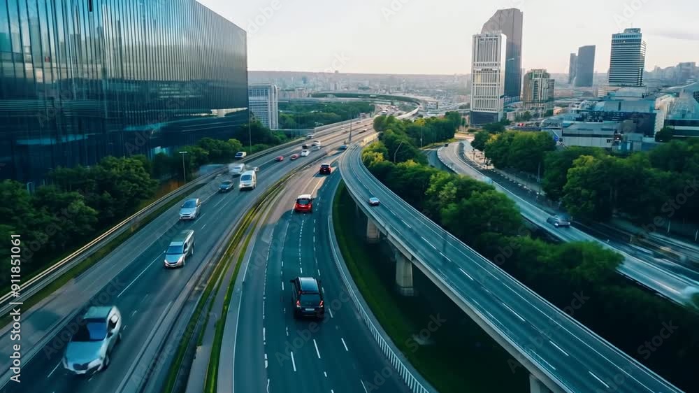 Poster aerial view of autonomous car overtaking on city highway generative ai