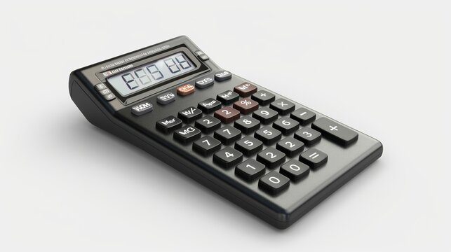 Sleek black calculator on light background perspective.