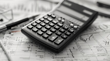 Calculator with documents and pens, financial concept