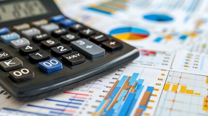 Close-up view of calculator on analytical charts.