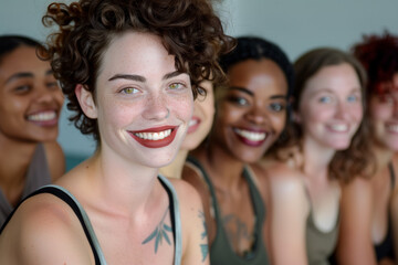Obraz premium a multiethnic group of young women taking a photo, smiling and happy