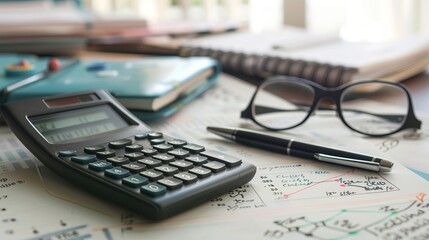Calculator with glasses and pen on financial documents.
