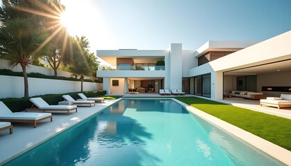 Fototapeta premium A beautiful white villa with a large lawn and swimming pool 