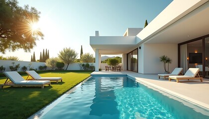 A beautiful white villa with a large lawn and swimming pool	