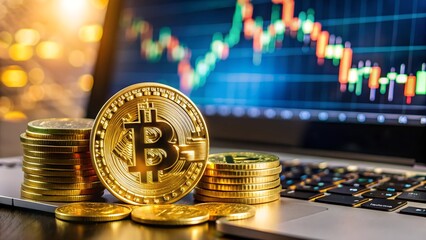 Golden Bitcoin tokens pile on a reflective desk surface with a laptop displaying trading chart graph