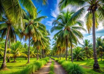 Serene tropical landscape of lush green coconut palm trees lining a meandering dirt path, surrounded by vibrant foliage and swaying fronds under clear blue sky.
