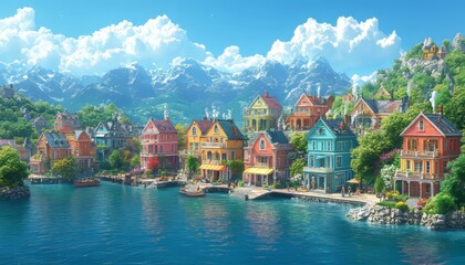 Obraz premium Cozy city, by calm ocean. Generative AI