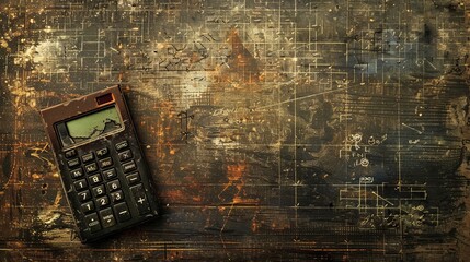 Aged calculator on retro drafting table with worn surface