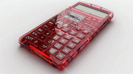 Transparent red scientific calculator showing inner parts.