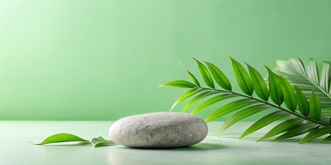 Elegant minimalistic setting featuring a solitary stone on a soft light green background with lush foliage, perfect for showcasing natural products and cosmetics.
