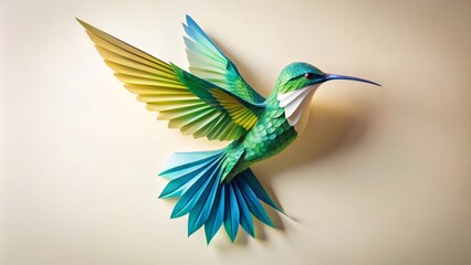 Obraz premium Delicate, intricately folded paper hummingbird in mid-air, vibrant green and blue hues glisten against a soft, creamy white background, conveying whimsy and gentle beauty.