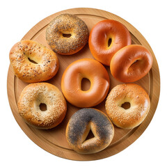 A variety of fresh bagels arranged on a wooden platter, isolated on a white background, transparent background.